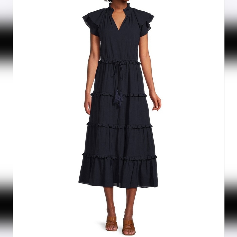 NWT Gibson Latimer Ruffle V-Neck Tiered Midi Navy Dress Size Large